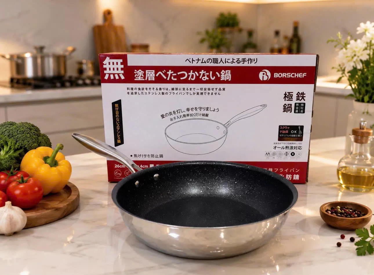 Chảo Inox nguyên khối chống dính cao cấp Borschef size 24cm BF-PS2410NK